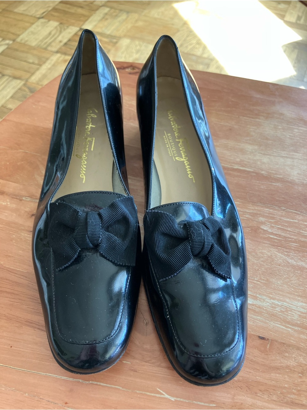 Salvatore Ferragamo Black Patent Leather Bow Loafers